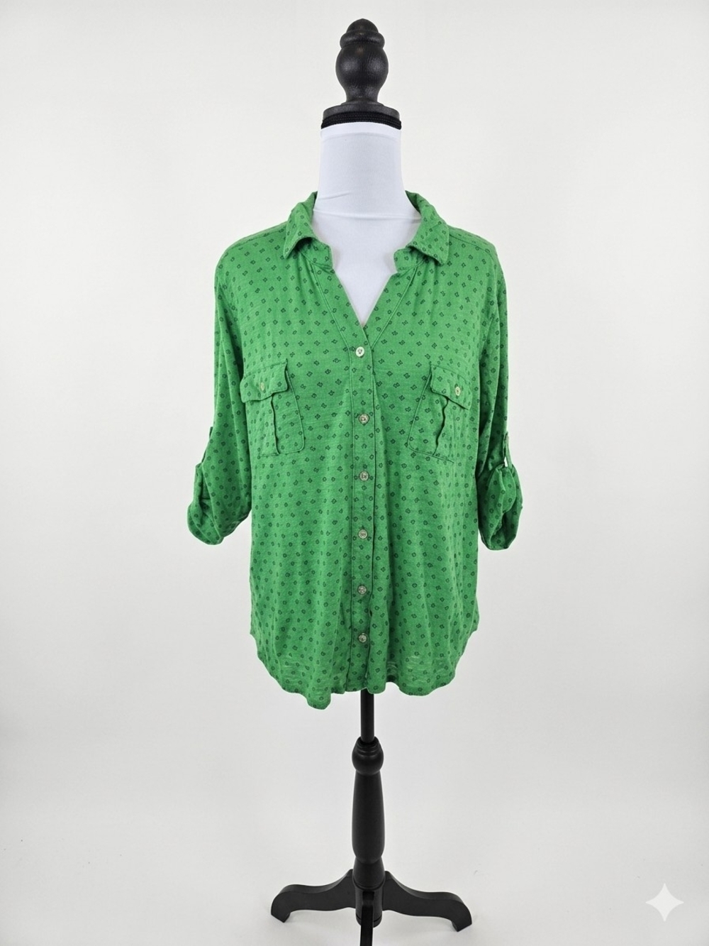 Liz Claiborne Petite PXL Green Geometric Roll-Tab Sleeve Cotton Modal Blouse